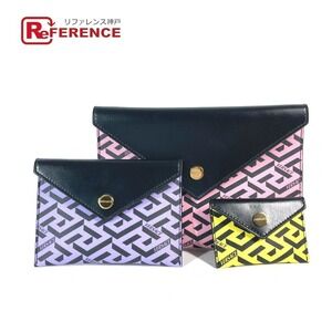 Versace Greca Logo Set Pouch Bag Coin Wallet Clutch Yellow Leather